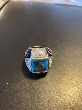 Blue Crystal Statement Ring with Pink Enamel Accents